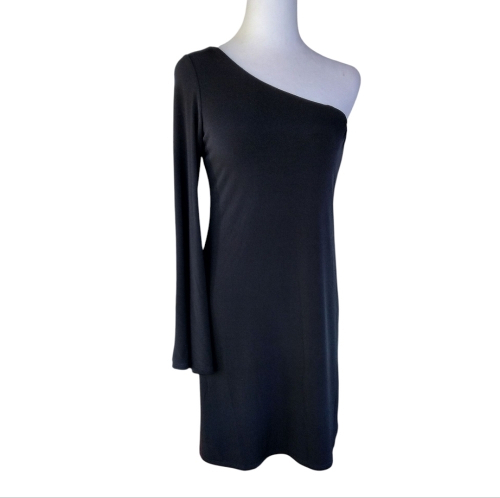 Boston Proper Andrea Behar Black One Shoulder Flare Sleeve Midi Dress Size XS